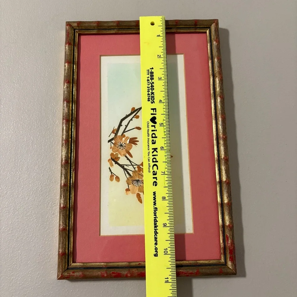 Framed Artwork Chinese Wheat Straw Cherry Blossom Branch Print Coral‎ Mat Gold